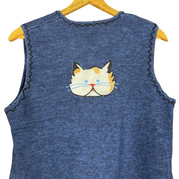 Vintage 90s Cat Knit Sweater Vest Small Rainbow Bridge Blue Sleeveless - Picture 5 of 7